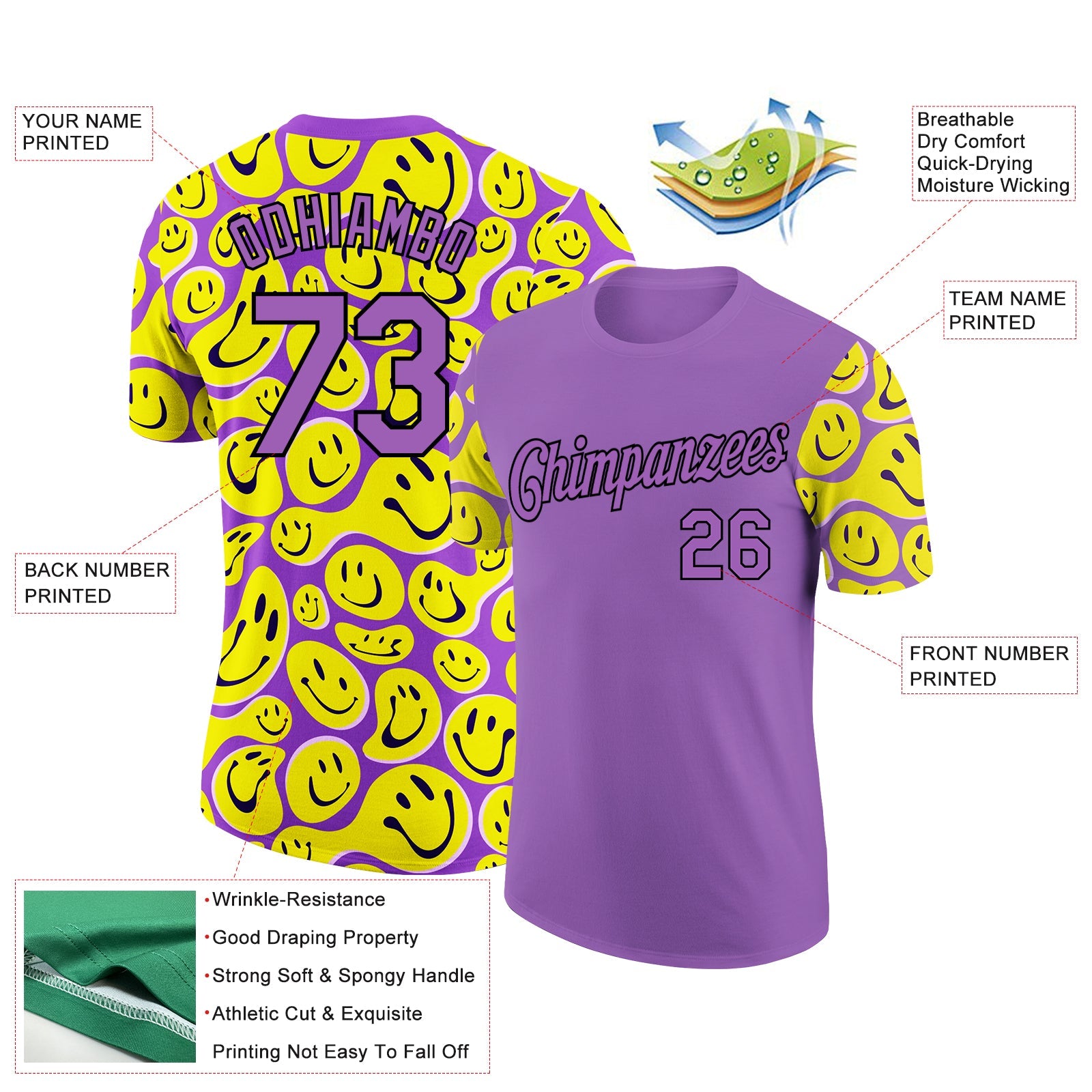 Custom Medium Purple Black 3D Pattern Design Smile Emoji Performance T-Shirt view 2
