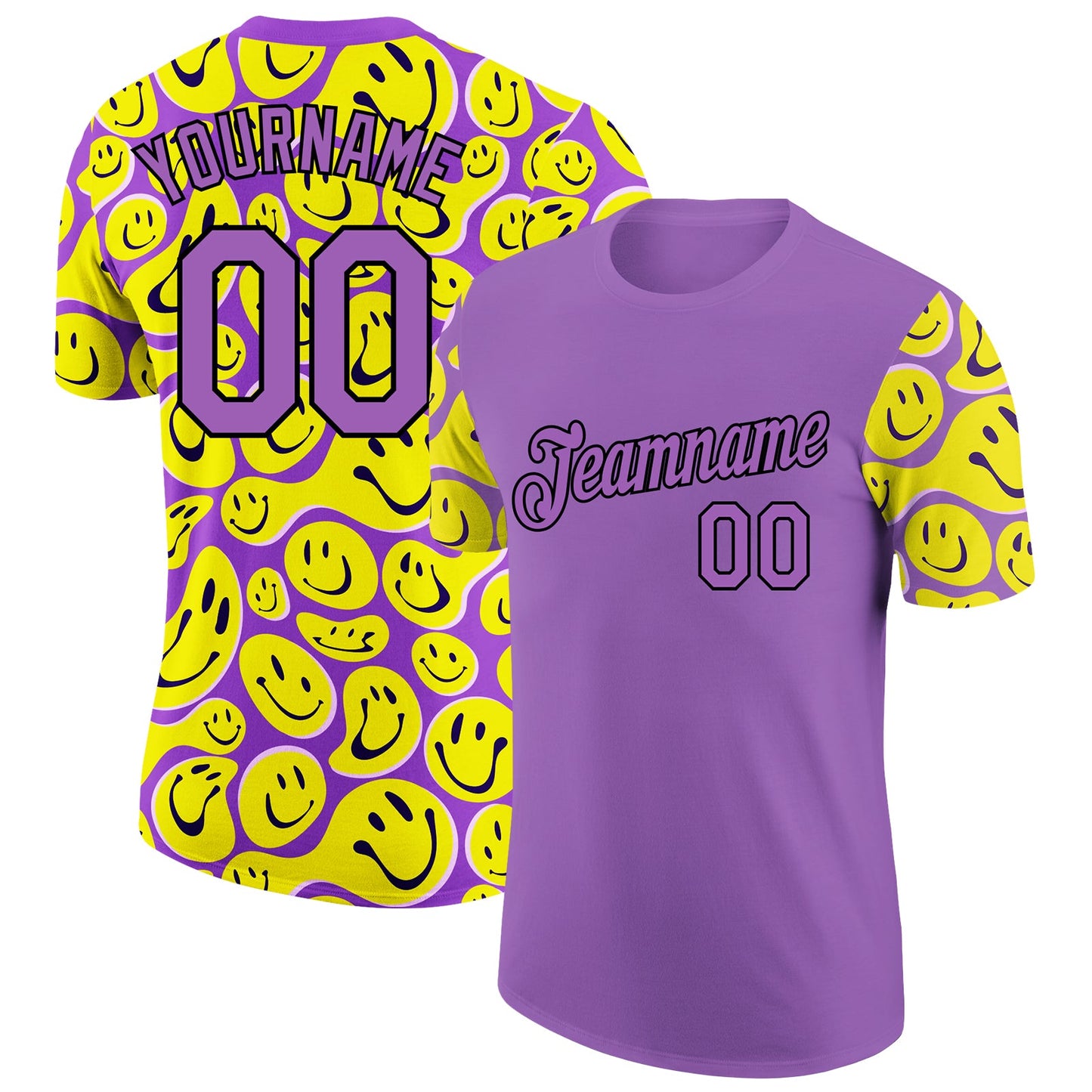 Custom Medium Purple Black 3D Pattern Design Smile Emoji Performance T-Shirt - Main View