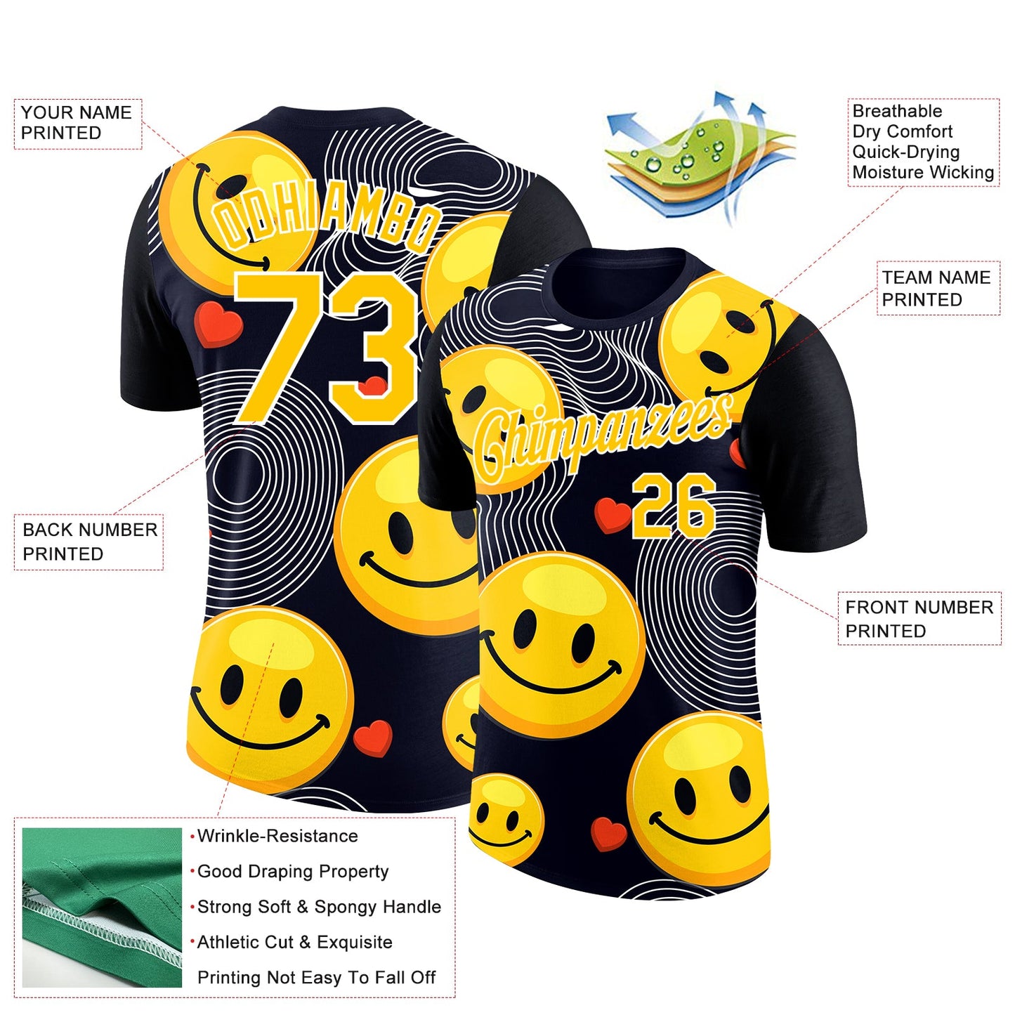 Custom Black Yellow-White 3D Pattern Design Smile Emoji Performance T-Shirt view 2
