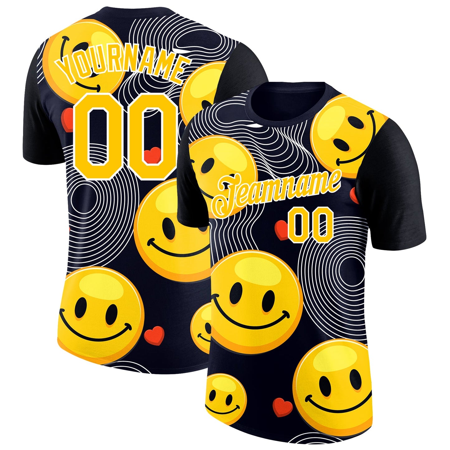 Custom Black Yellow-White 3D Pattern Design Smile Emoji Performance T-Shirt - Main View