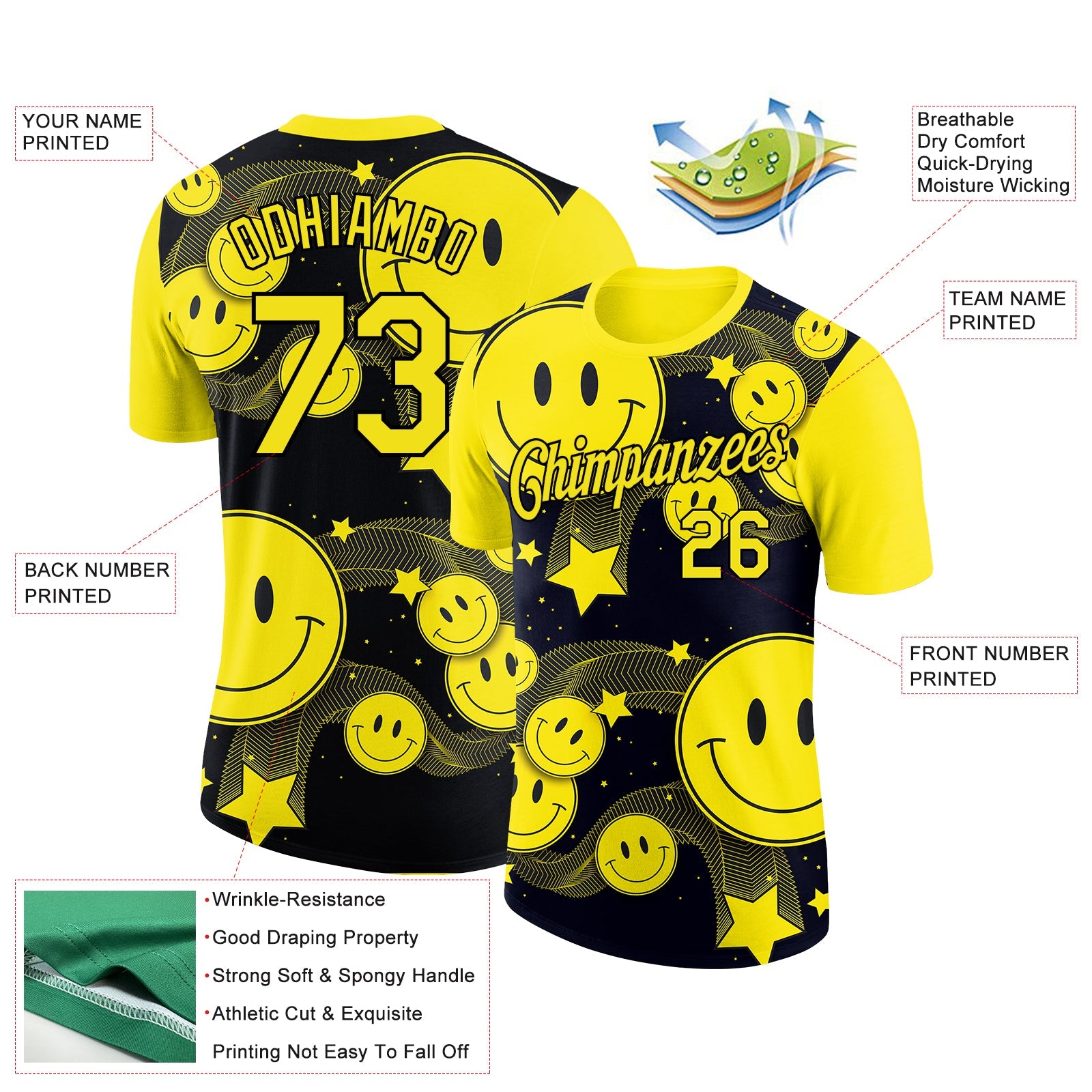 Custom Black Light Yellow 3D Pattern Design Smile Emoji Performance T-Shirt view 2