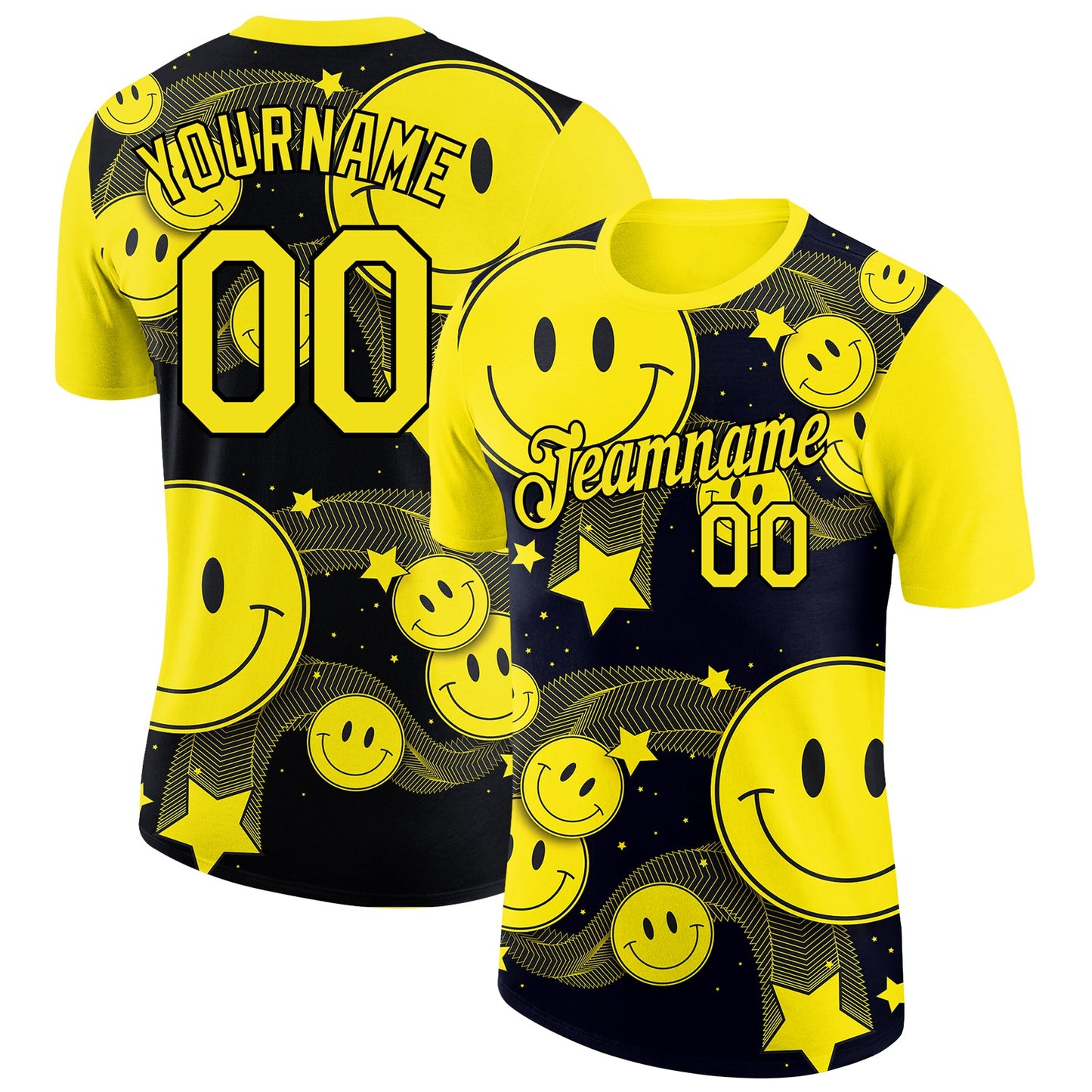 Custom Black Light Yellow 3D Pattern Design Smile Emoji Performance T-Shirt - Main View