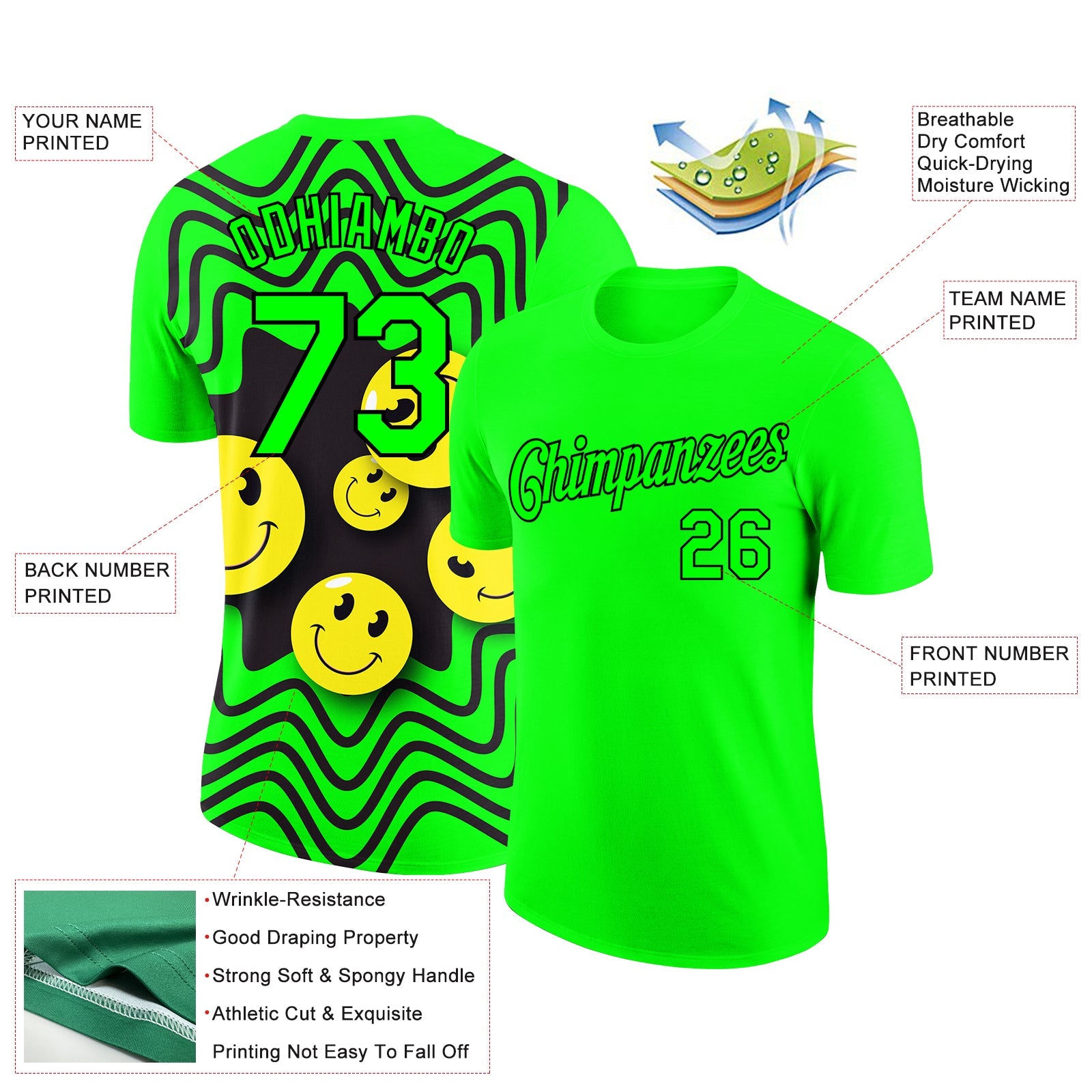 Custom Pea Green Black 3D Pattern Design Smile Emoji Performance T-Shirt view 2
