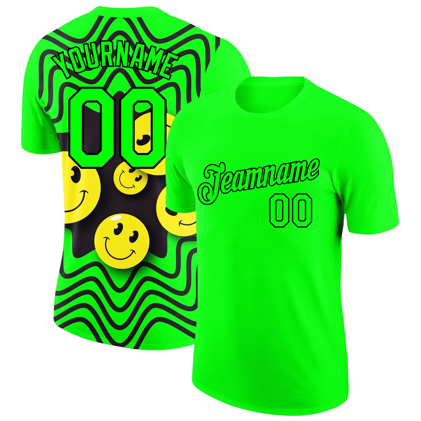 Custom Pea Green Black 3D Pattern Design Smile Emoji Performance T-Shirt - Main View