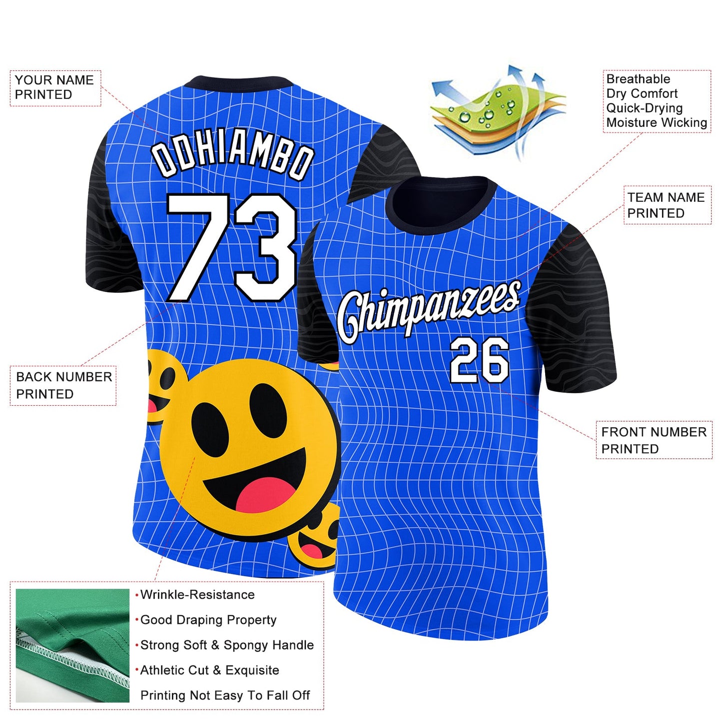 Custom Thunder Blue White-Black 3D Pattern Design Smile Emoji Performance T-Shirt view 2
