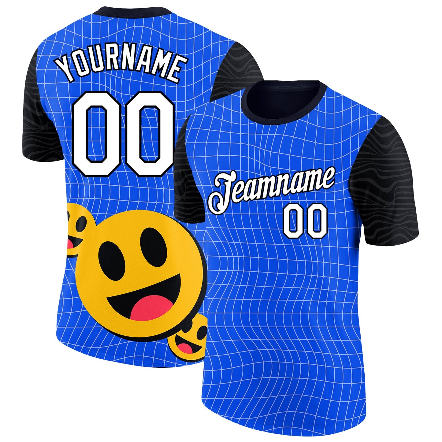 Custom Thunder Blue White-Black 3D Pattern Design Smile Emoji Performance T-Shirt - Main View