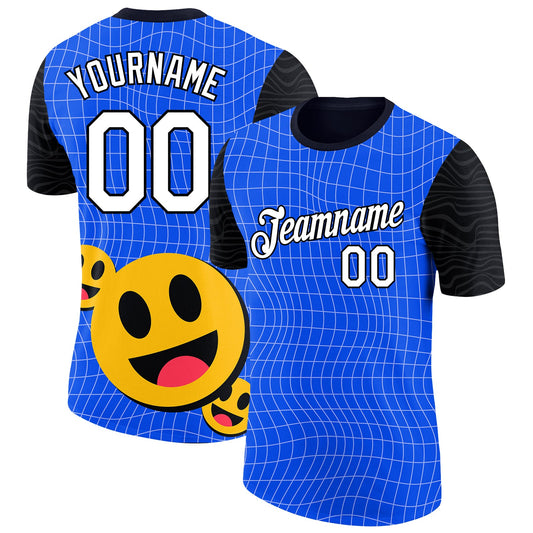 Custom Thunder Blue White-Black 3D Pattern Design Smile Emoji Performance T-Shirt - Main View