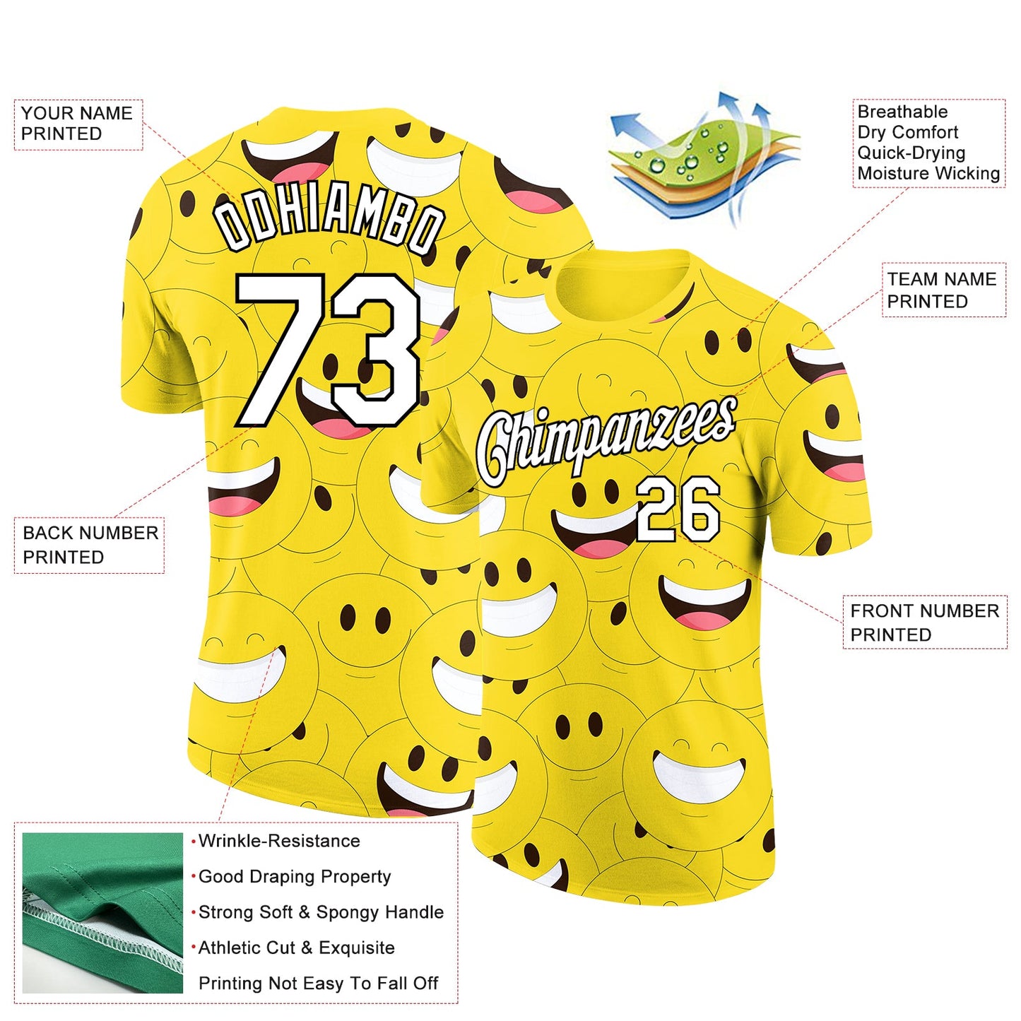 Custom Gold White-Black 3D Pattern Design Smile Emoji Performance T-Shirt view 2
