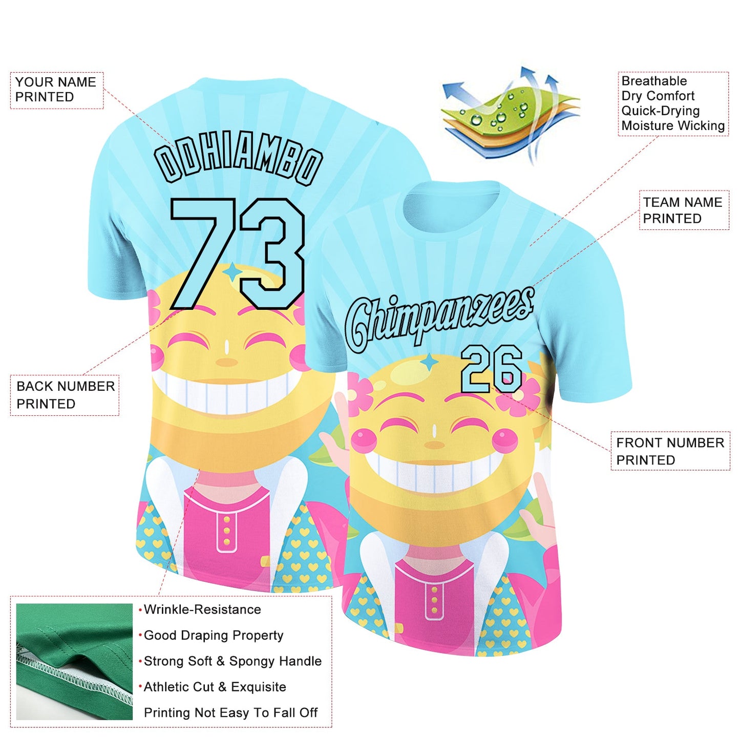 Custom Ice Blue Black 3D Pattern Design Smile Emoji Performance T-Shirt view 2