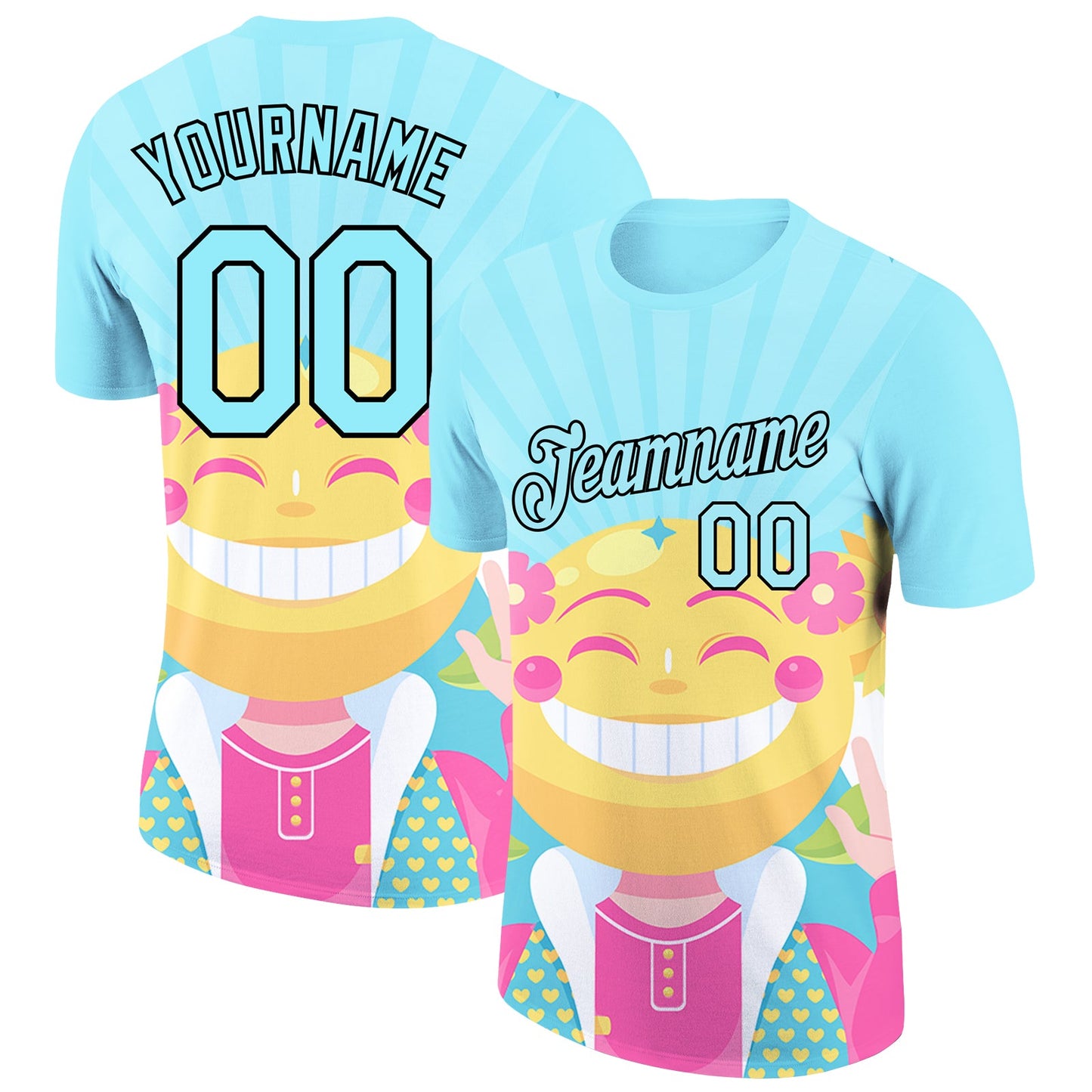 Custom Ice Blue Black 3D Pattern Design Smile Emoji Performance T-Shirt - Main View