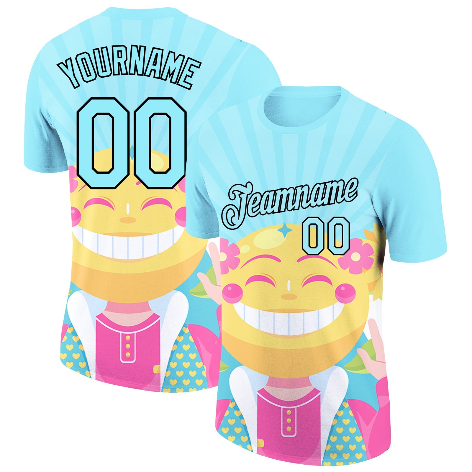Custom Ice Blue Black 3D Pattern Design Smile Emoji Performance T-Shirt - Main View