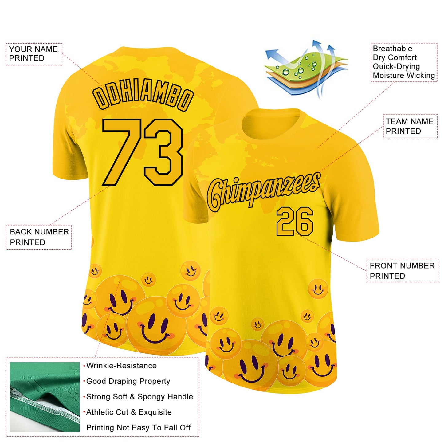 Custom Gold Black 3D Pattern Design Smile Emoji Performance T-Shirt view 2