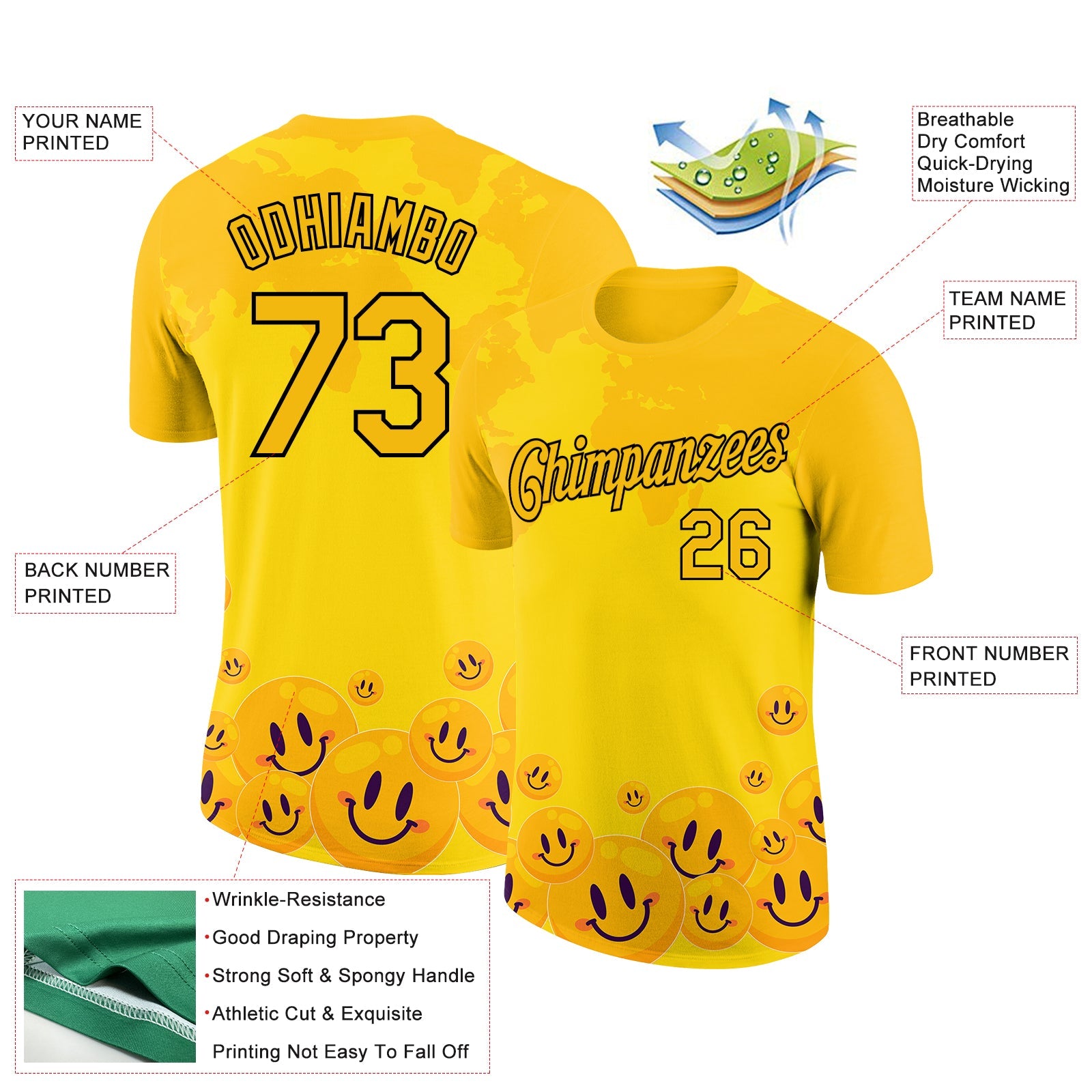 Custom Gold Black 3D Pattern Design Smile Emoji Performance T-Shirt view 2