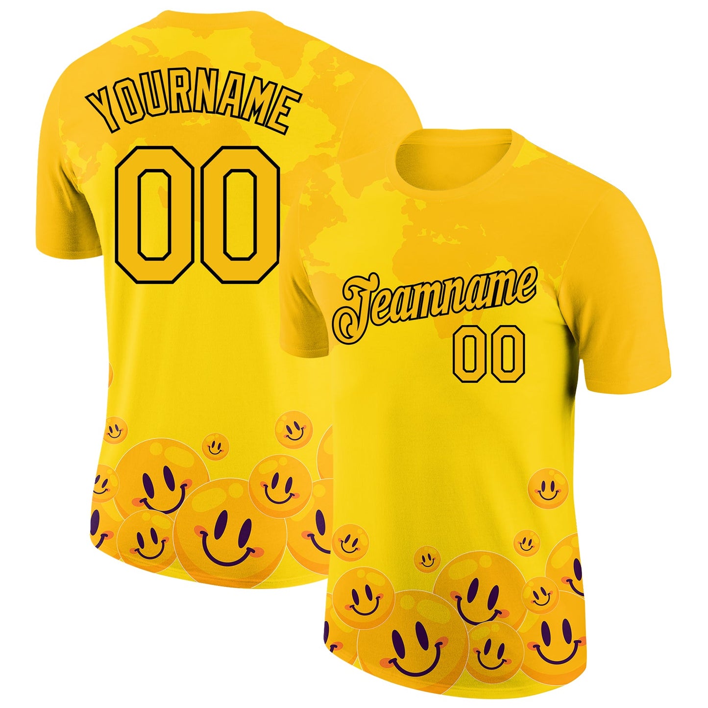 Custom Gold Black 3D Pattern Design Smile Emoji Performance T-Shirt - Main View