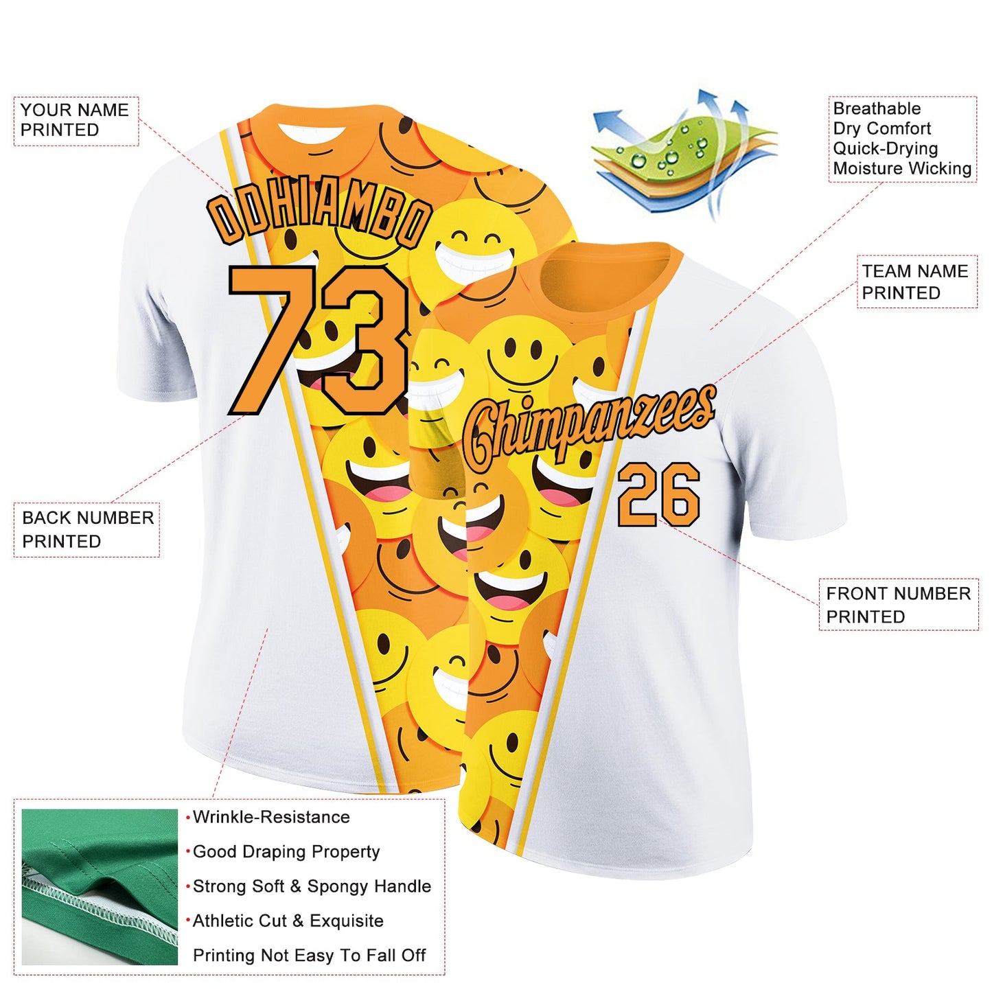 Custom White Bay Orange-Black 3D Pattern Design Smile Emoji Performance T-Shirt view 2