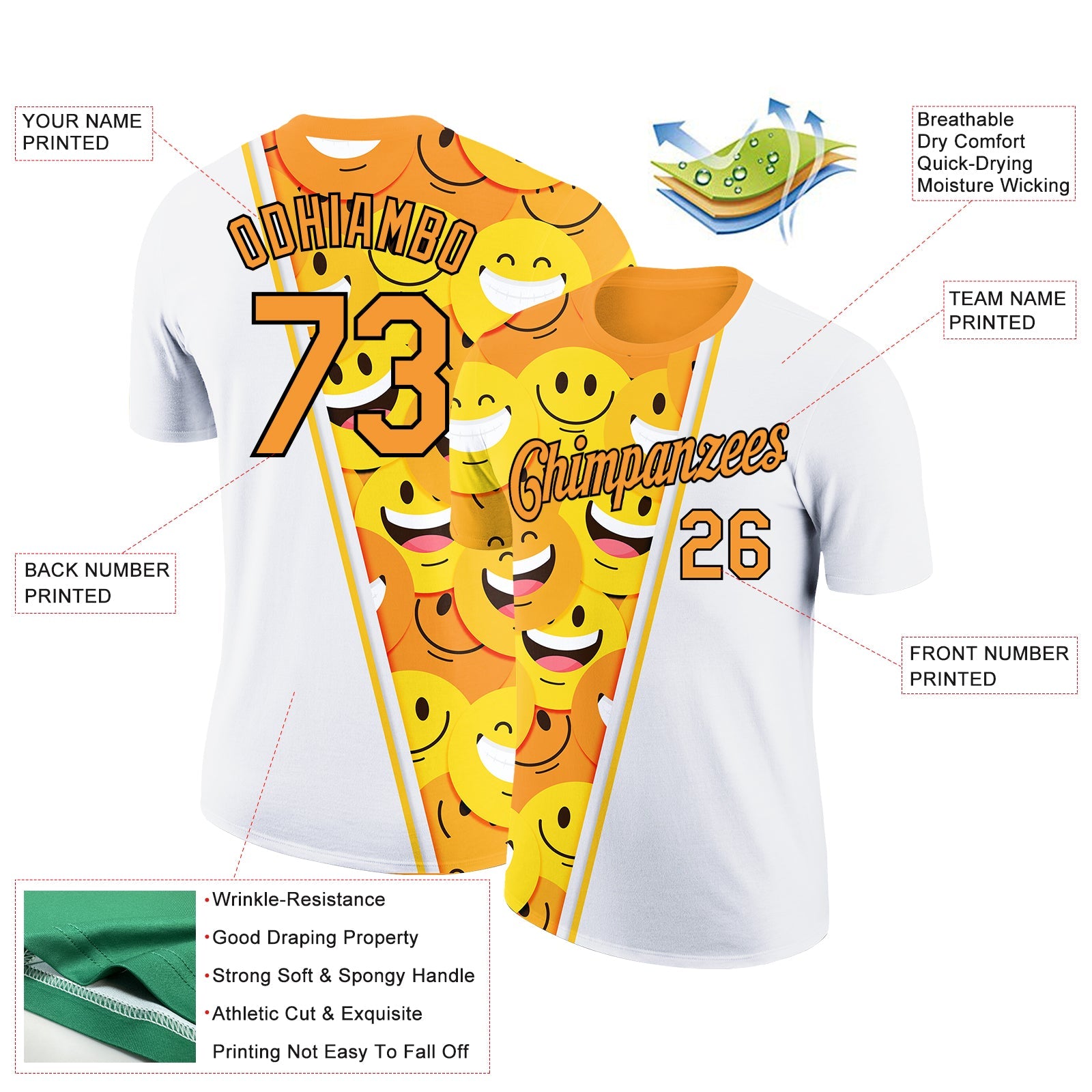 Custom White Bay Orange-Black 3D Pattern Design Smile Emoji Performance T-Shirt view 2