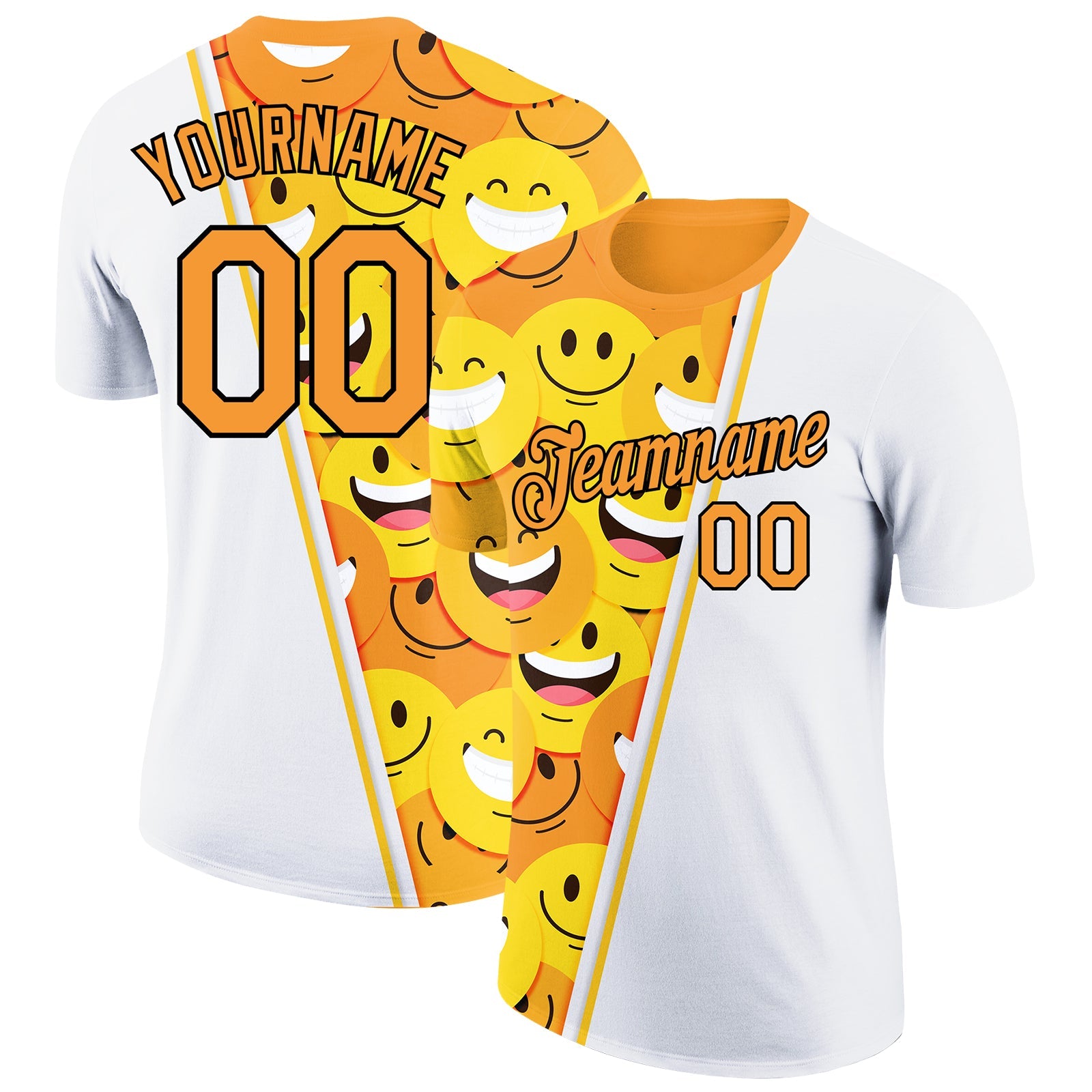 Custom White Bay Orange-Black 3D Pattern Design Smile Emoji Performance T-Shirt - Main View