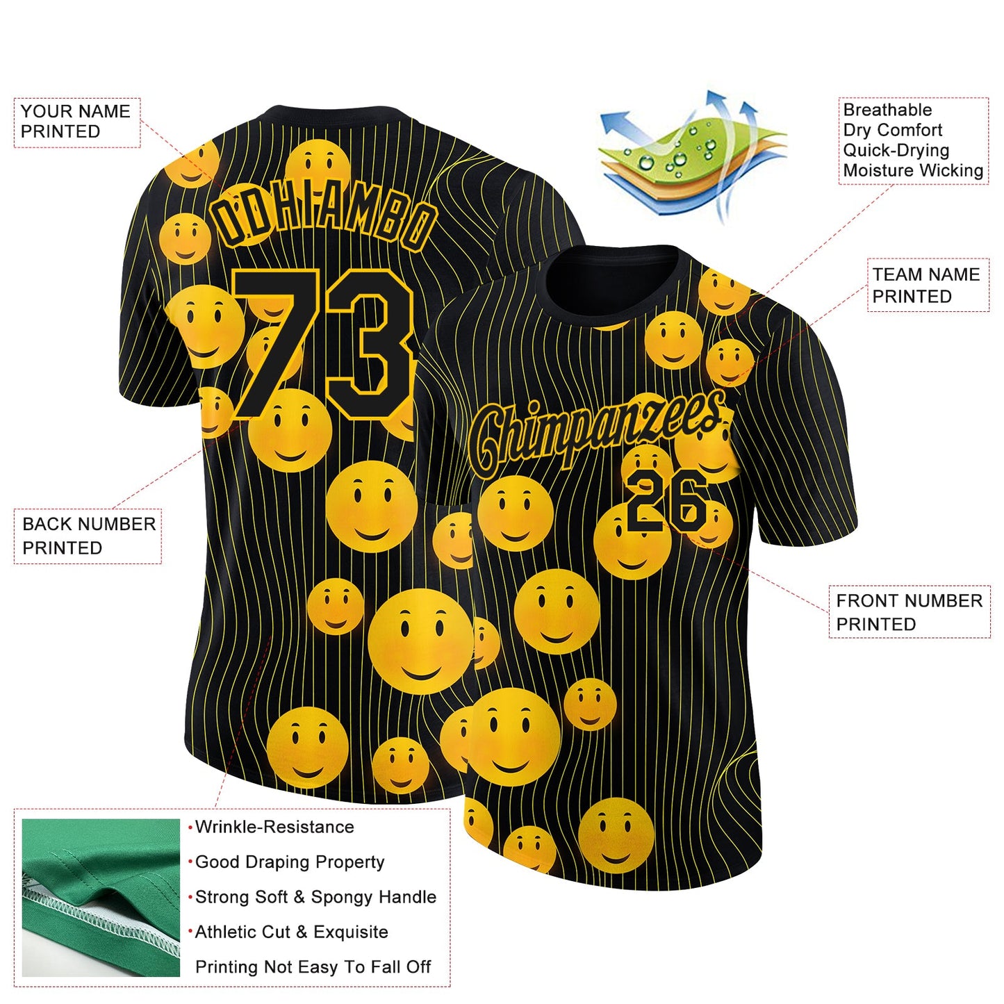 Custom Black Gold 3D Pattern Design Smile Emoji Performance T-Shirt view 2