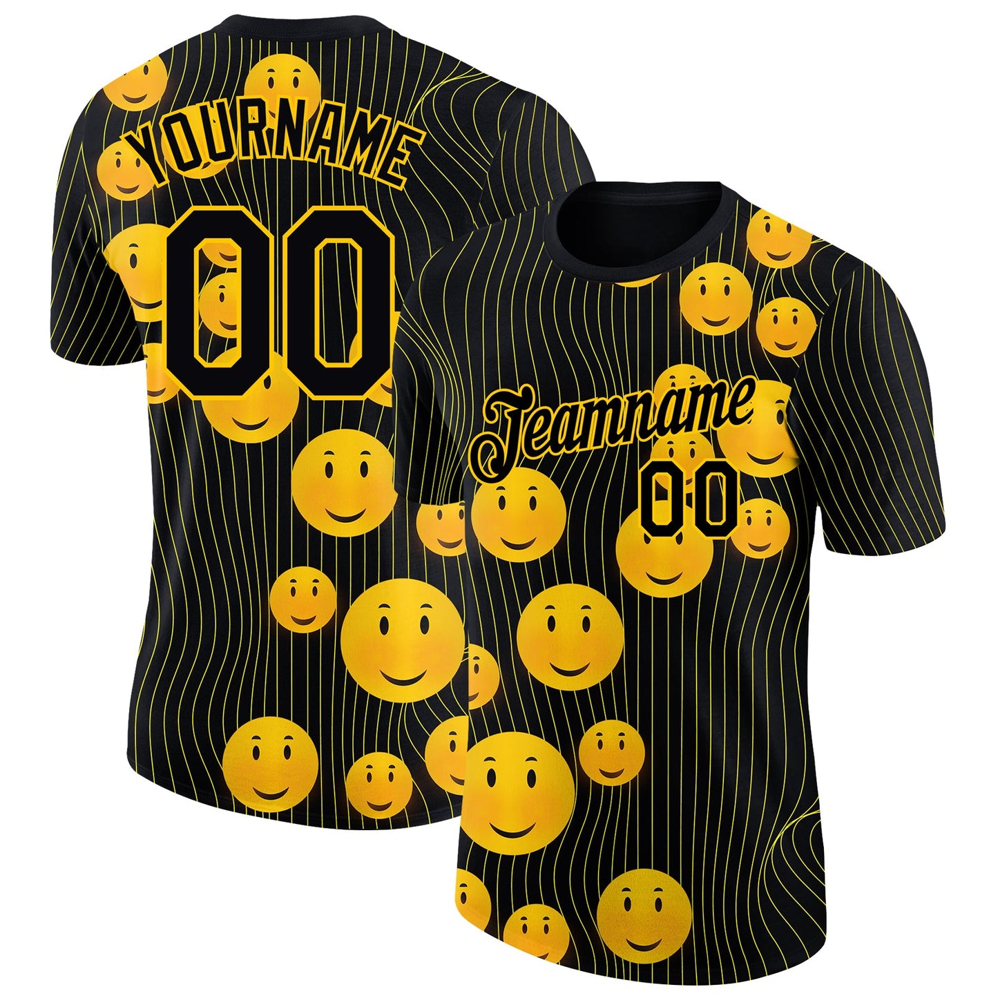 Custom Black Gold 3D Pattern Design Smile Emoji Performance T-Shirt - Main View