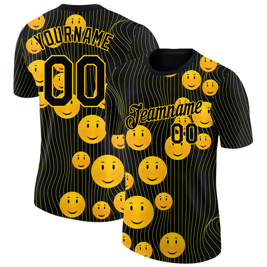 Custom Black Gold 3D Pattern Design Smile Emoji Performance T-Shirt - Main View