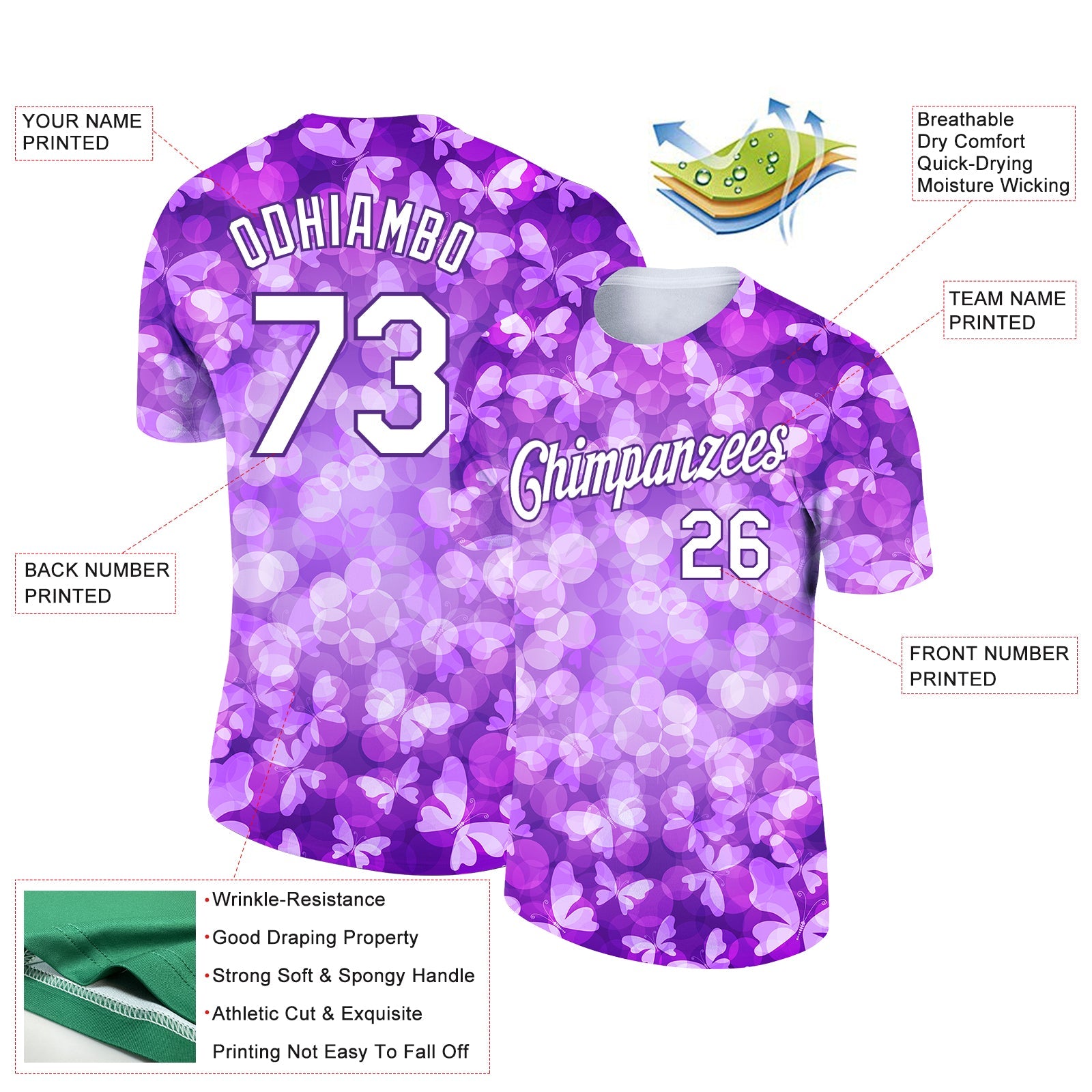 Custom Purple White 3D Pattern Design Butterfly Performance T-Shirt view 2