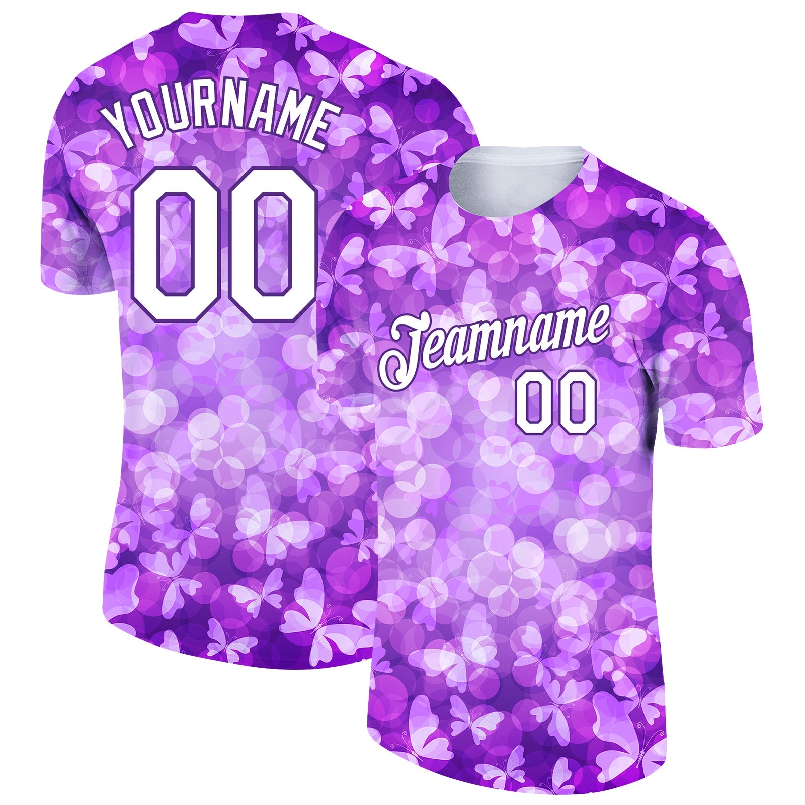 Custom Purple White 3D Pattern Design Butterfly Performance T-Shirt - Main View