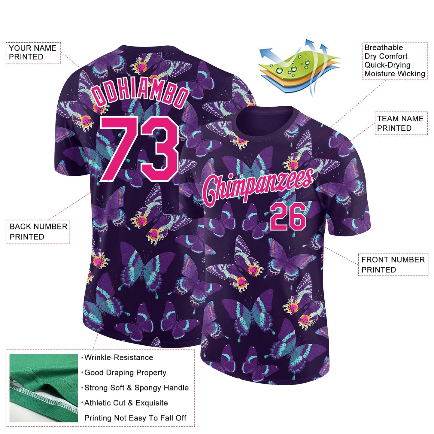 Custom Dark Purple Hot Pink-White 3D Pattern Design Butterfly Performance T-Shirt view 2