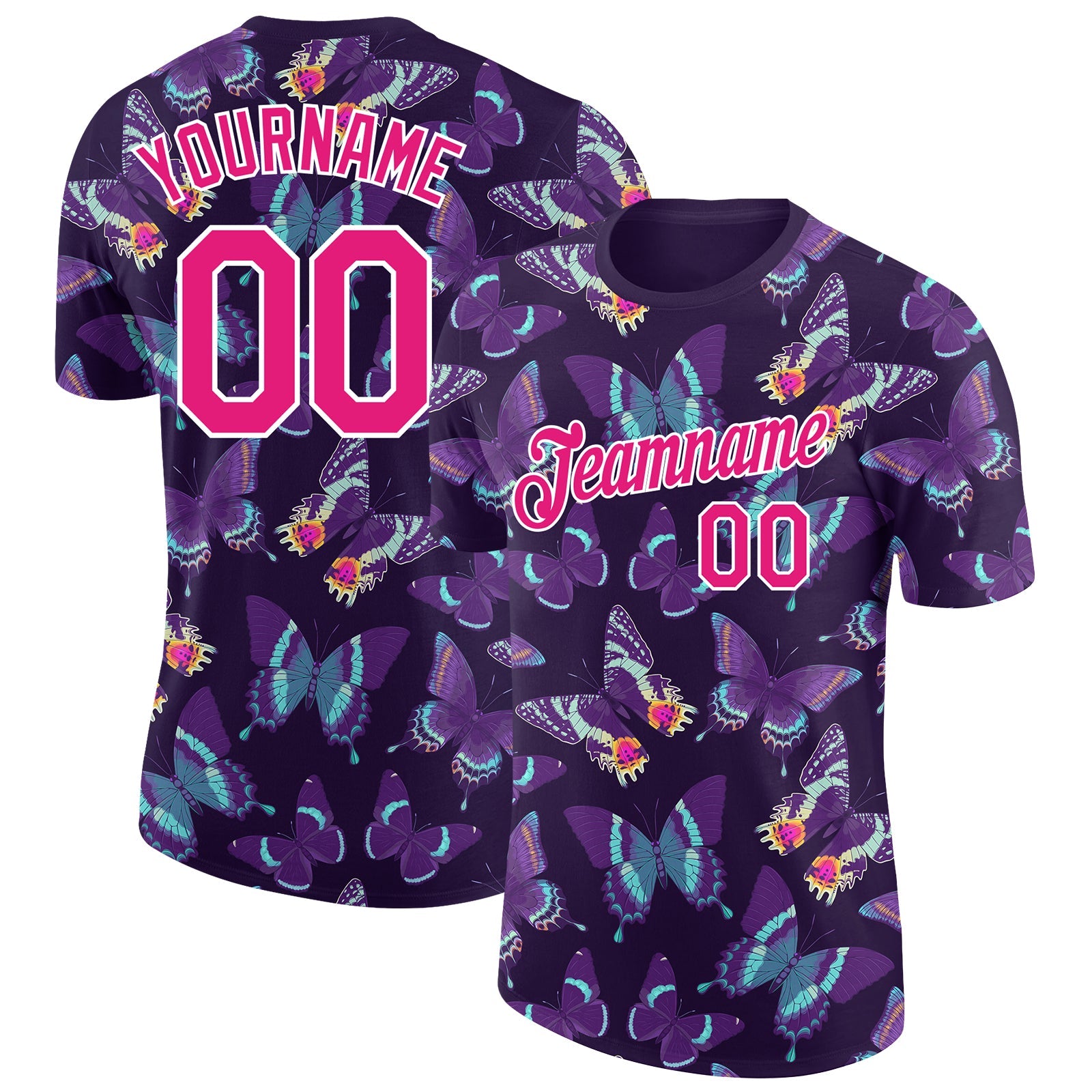 Custom Dark Purple Hot Pink-White 3D Pattern Design Butterfly Performance T-Shirt - Main View