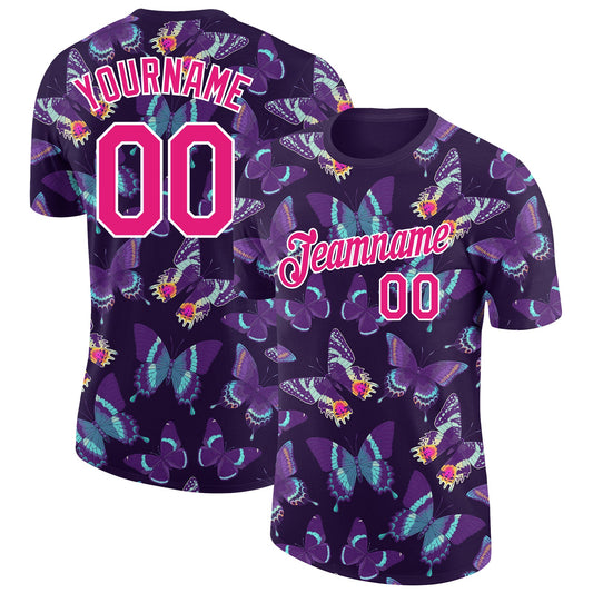 Custom Dark Purple Hot Pink-White 3D Pattern Design Butterfly Performance T-Shirt - Main View