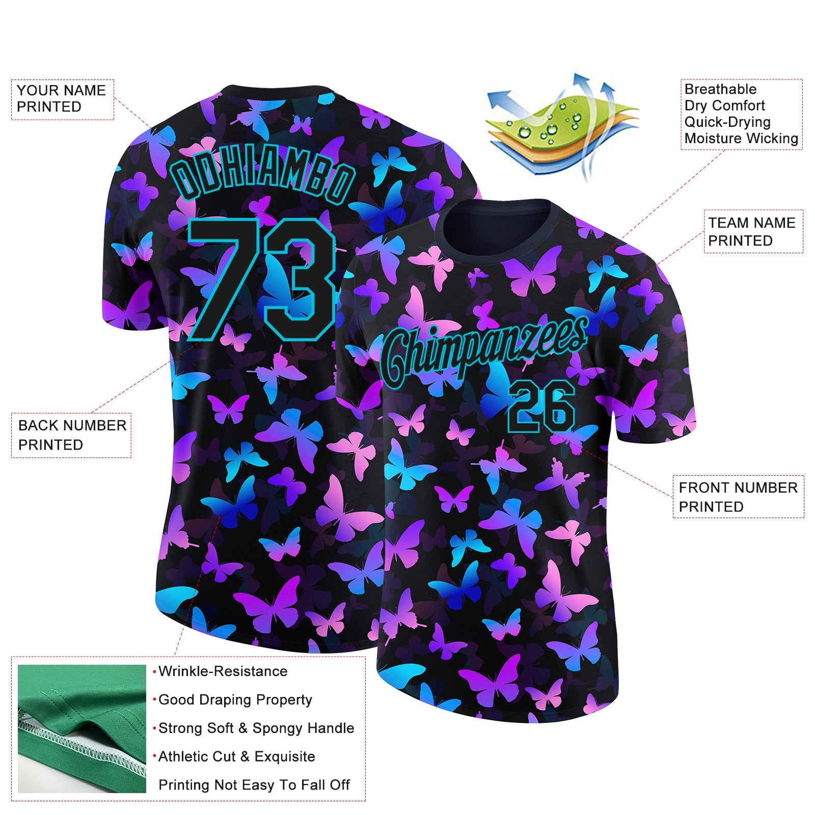 Custom Black Lakes Blue 3D Pattern Design Butterfly Performance T-Shirt view 2