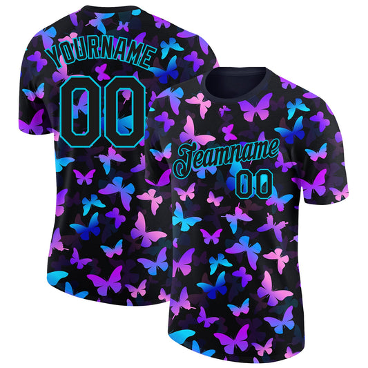 Custom Black Lakes Blue 3D Pattern Design Butterfly Performance T-Shirt - Main View