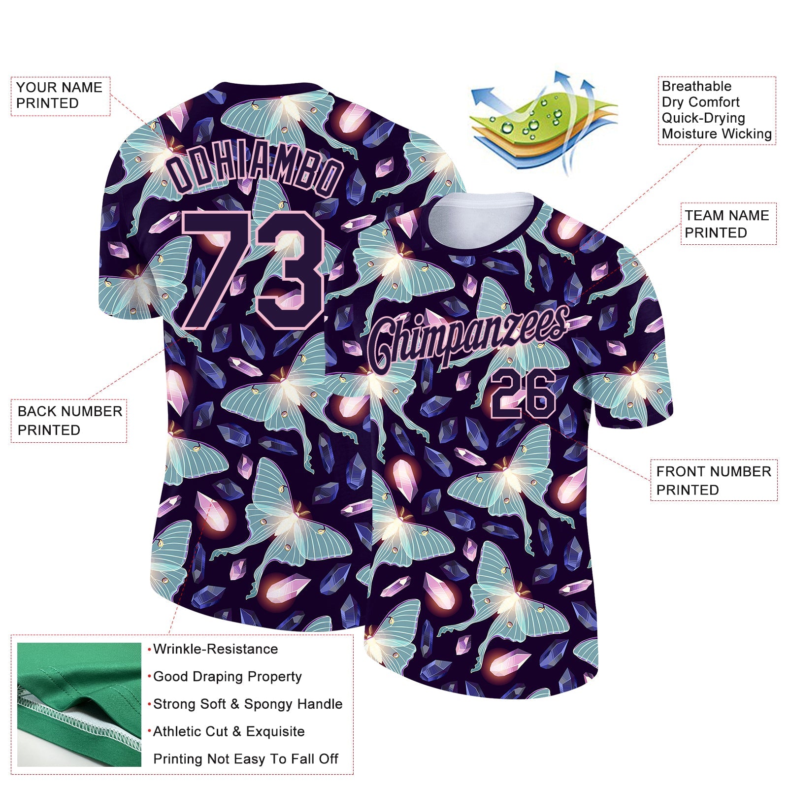 Custom Dark Purple Light Pink 3D Pattern Design Butterfly Performance T-Shirt view 2
