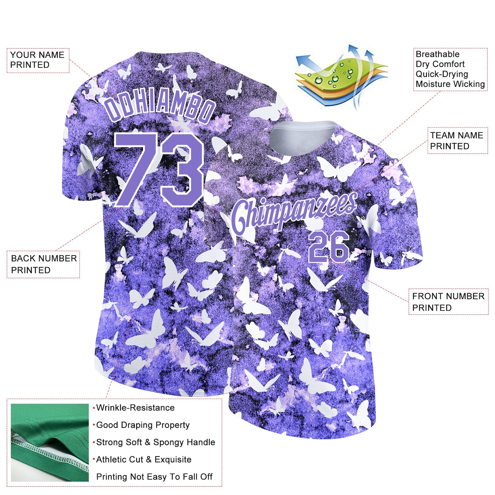 Custom Medium Purple White 3D Pattern Design Butterfly Performance T-Shirt view 2