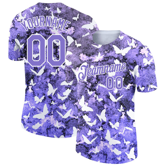 Custom Medium Purple White 3D Pattern Design Butterfly Performance T-Shirt - Main View