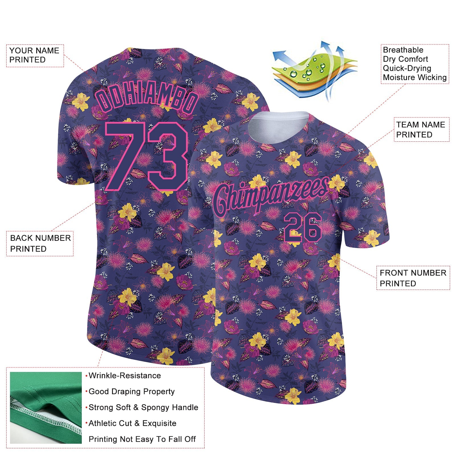 Custom Navy Pink 3D Pattern Design Flower Performance T-Shirt view 2