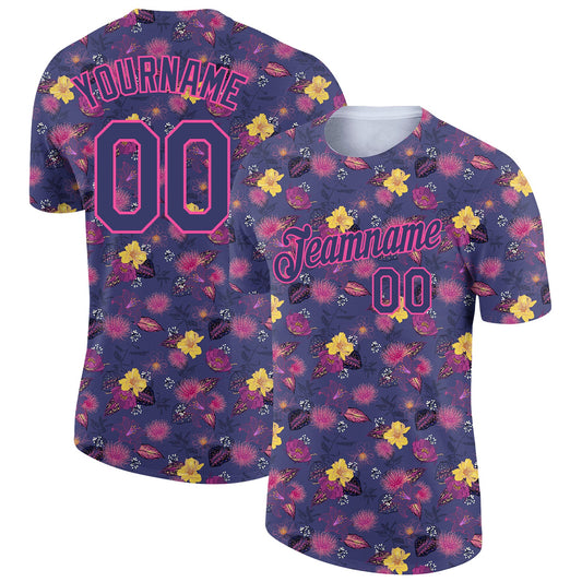 Custom Navy Pink 3D Pattern Design Flower Performance T-Shirt - Main View