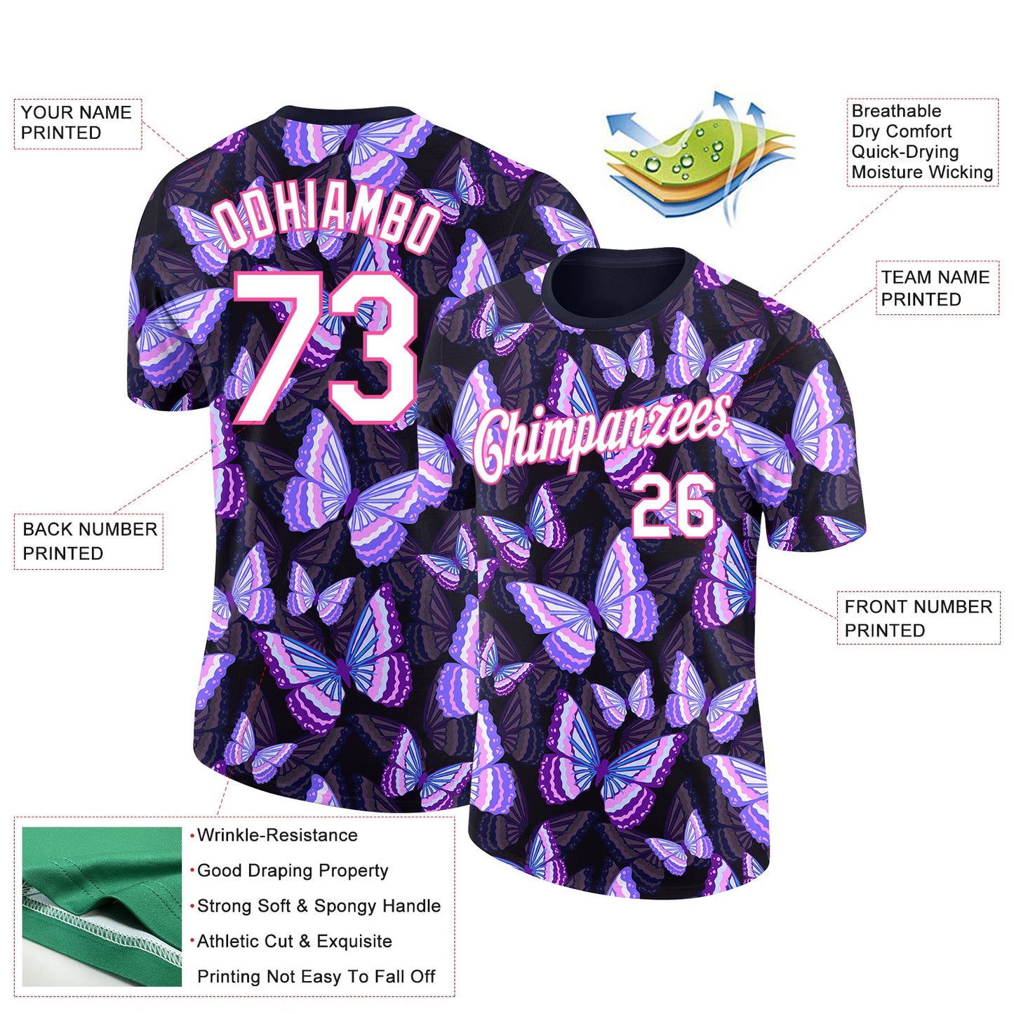Custom Black White-Pink 3D Pattern Design Butterfly Performance T-Shirt view 2