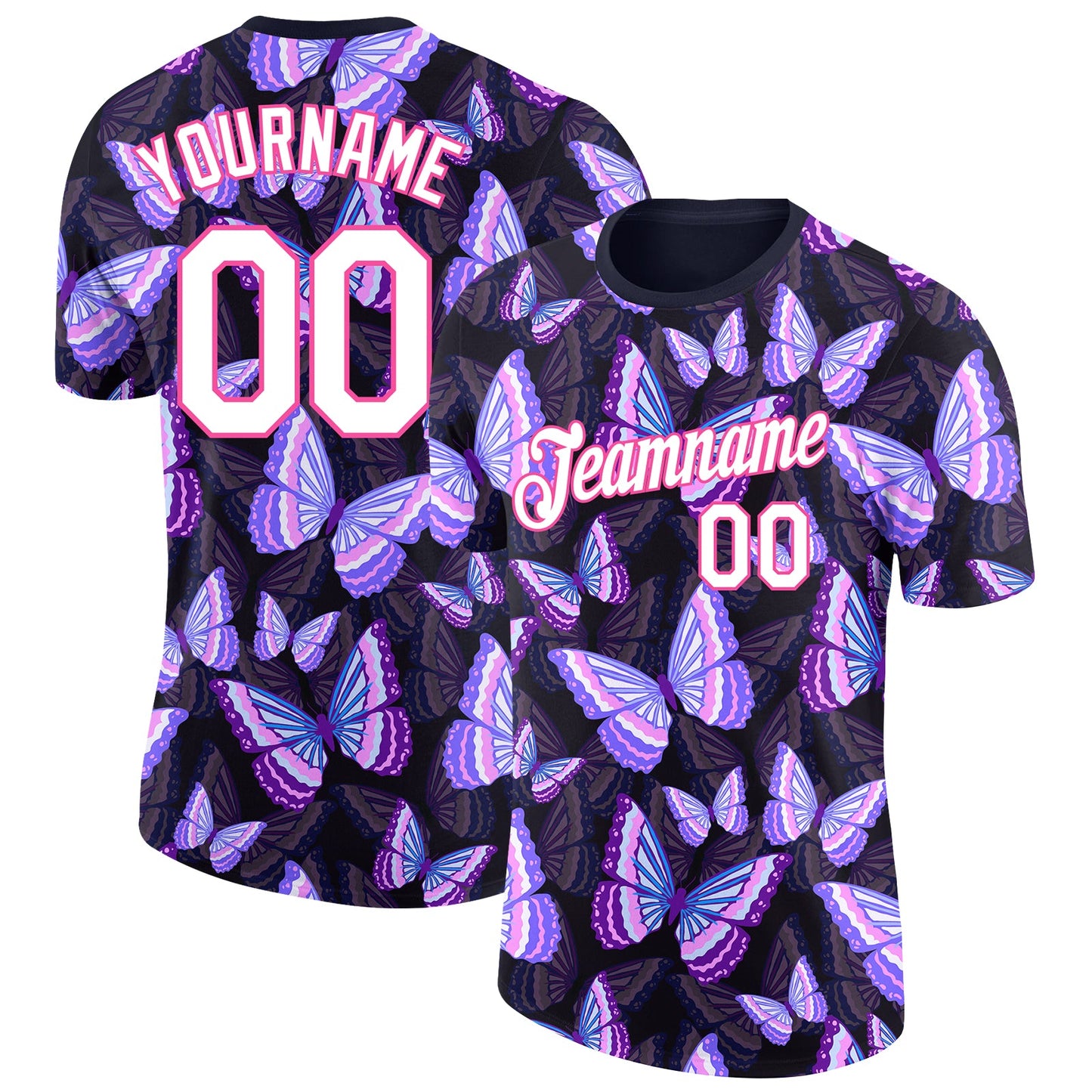 Custom Black White-Pink 3D Pattern Design Butterfly Performance T-Shirt - Main View