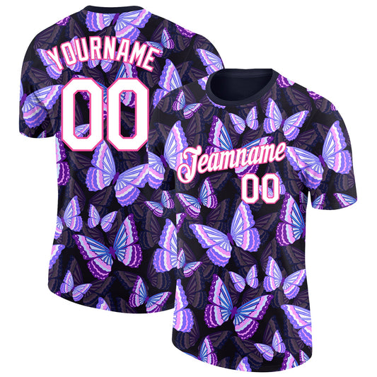 Custom Black White-Pink 3D Pattern Design Butterfly Performance T-Shirt - Main View