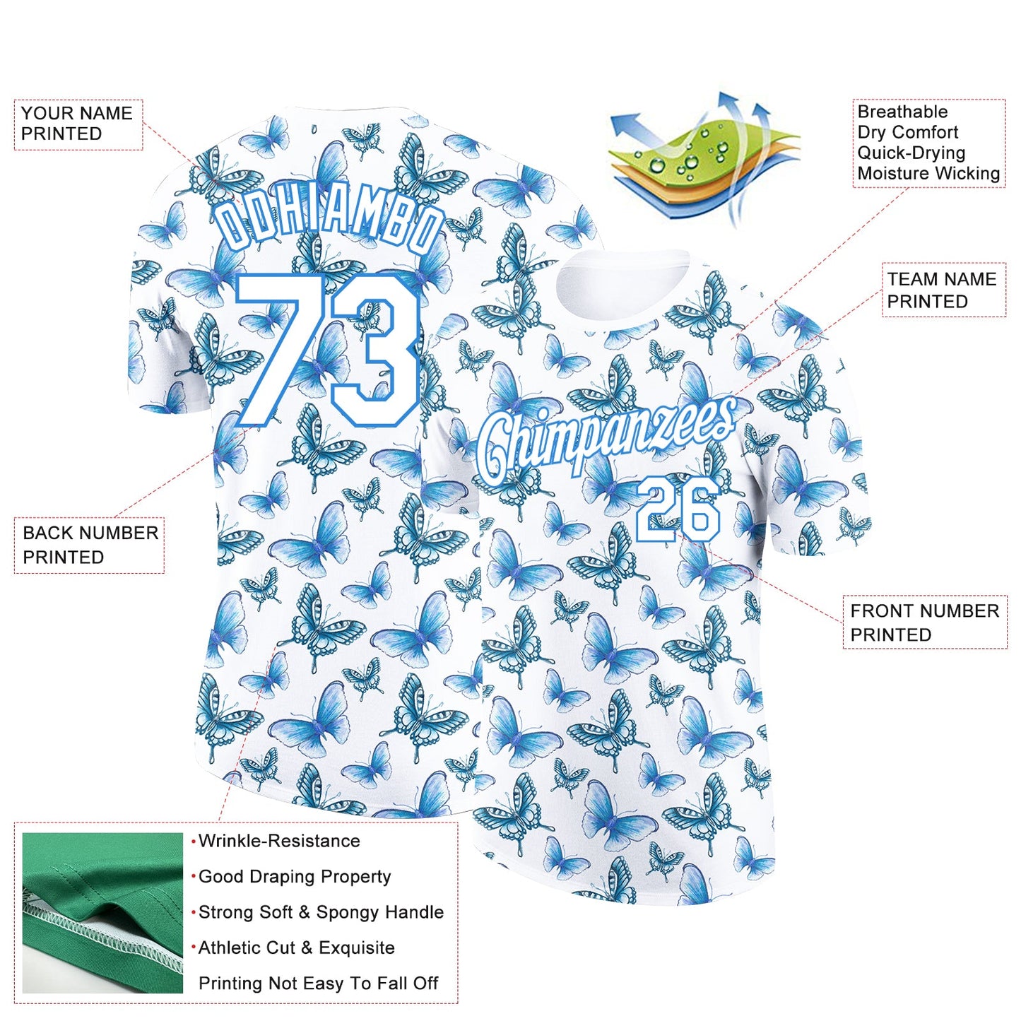 Custom White Powder Blue 3D Pattern Design Butterfly Performance T-Shirt view 2
