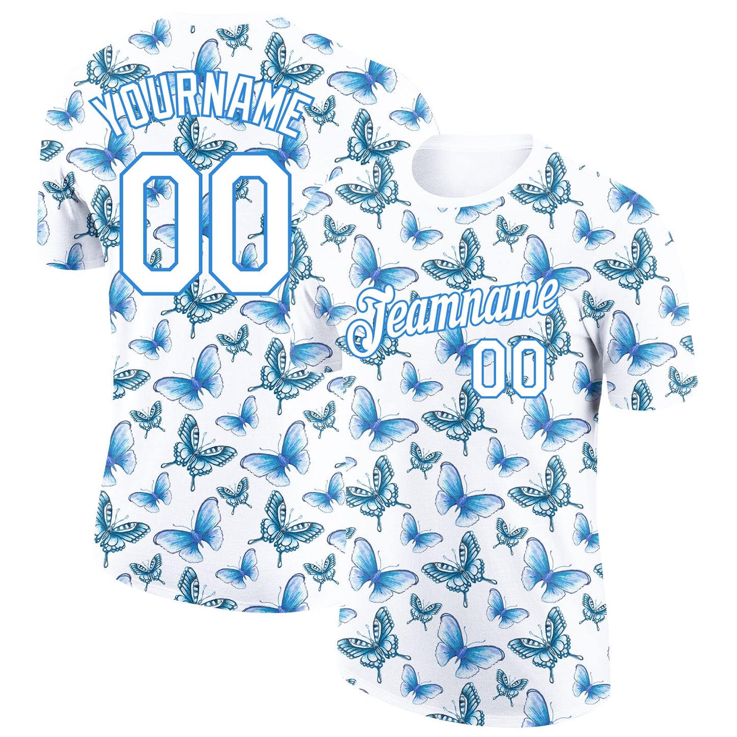Custom White Powder Blue 3D Pattern Design Butterfly Performance T-Shirt - Main View