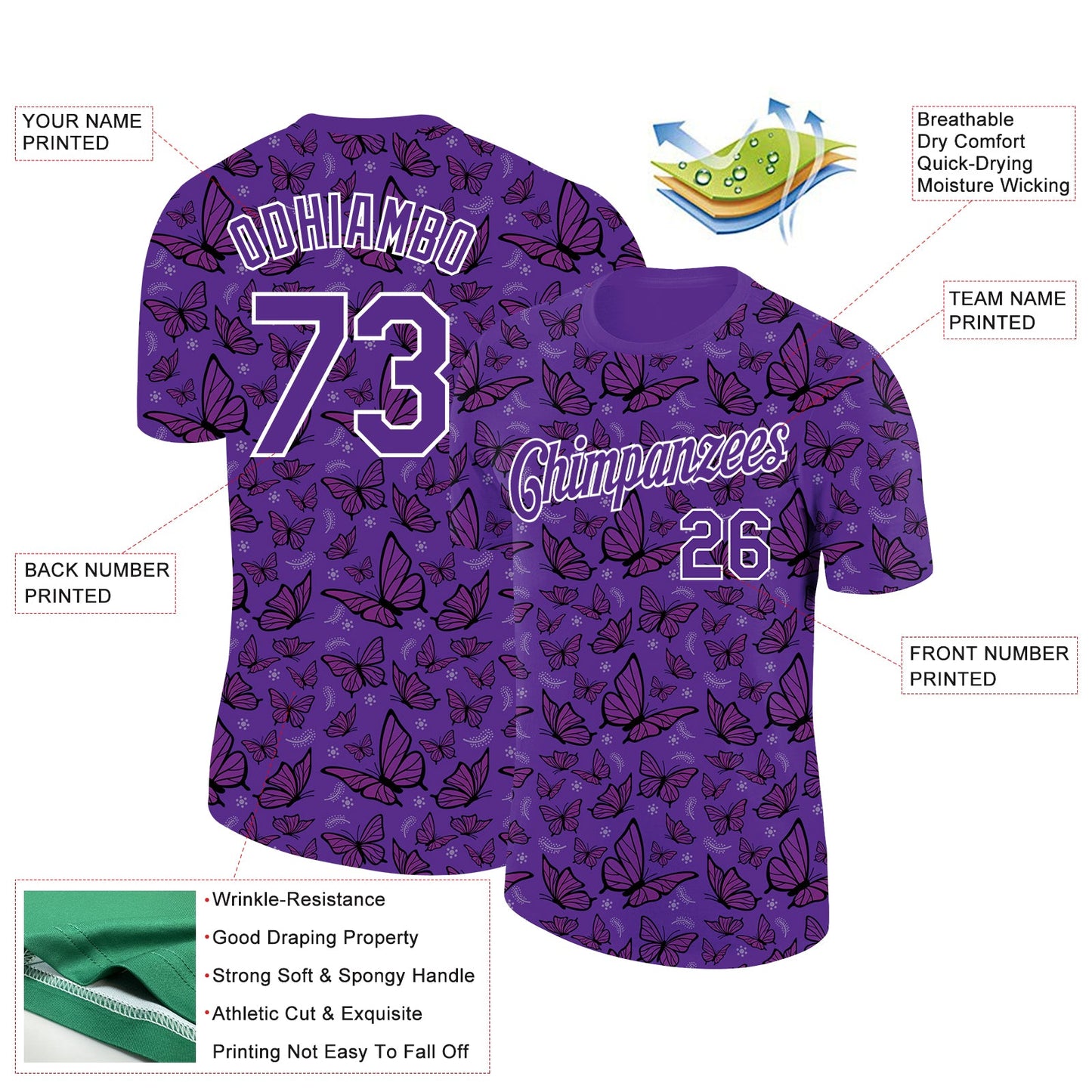 Custom Purple White 3D Pattern Design Butterfly Performance T-Shirt view 2