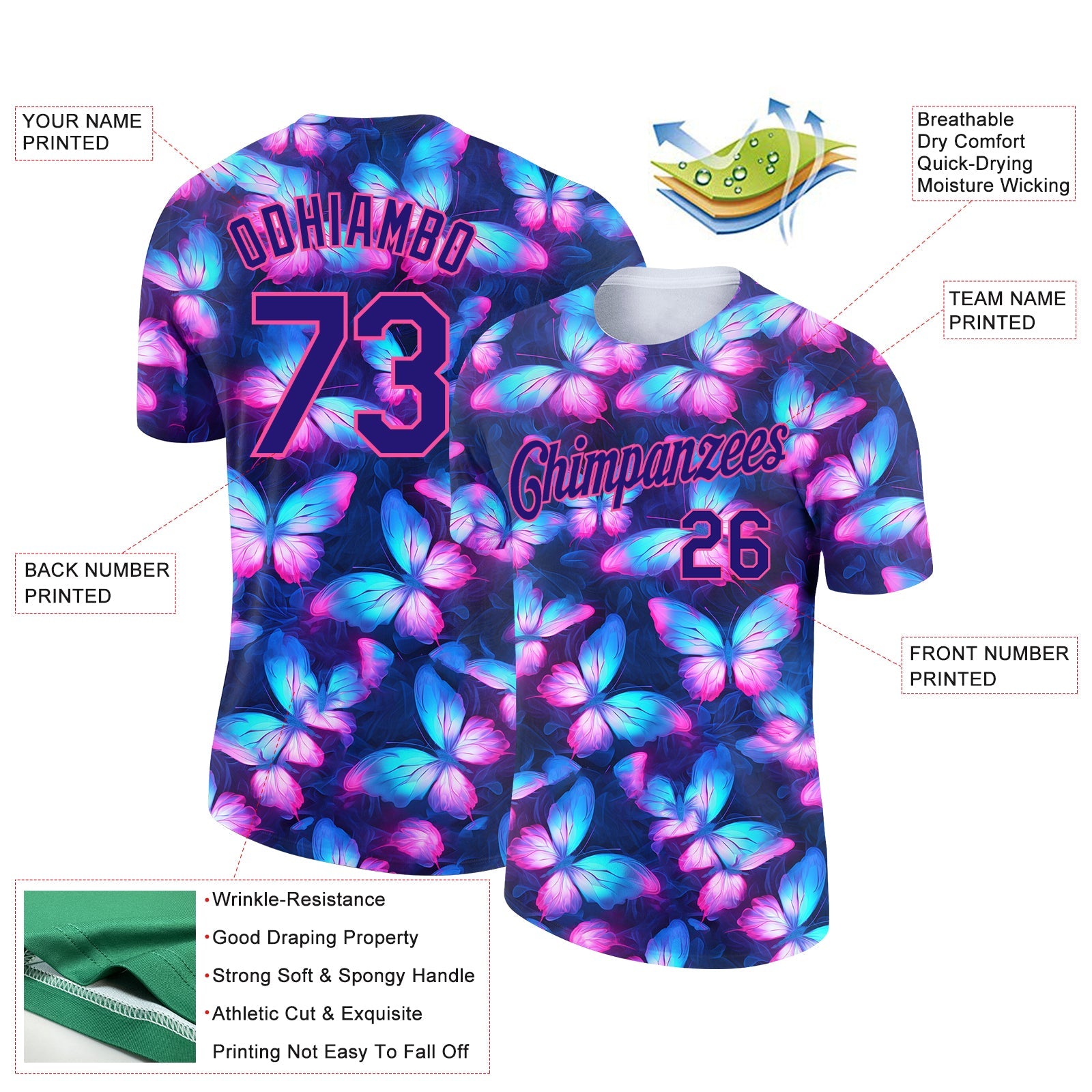 Custom Dark Purple Pink 3D Pattern Design Butterfly Performance T-Shirt view 2