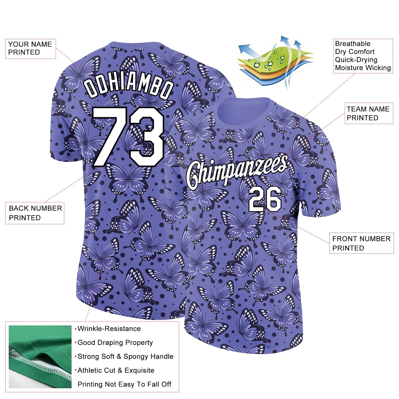 Custom Purple White-Black 3D Pattern Design Butterfly Performance T-Shirt view 2