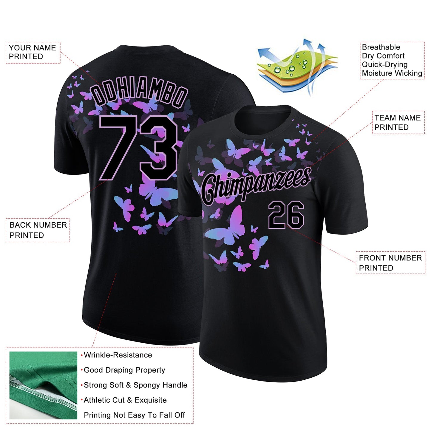 Custom Black Light Purple 3D Pattern Design Butterfly Performance T-Shirt view 2