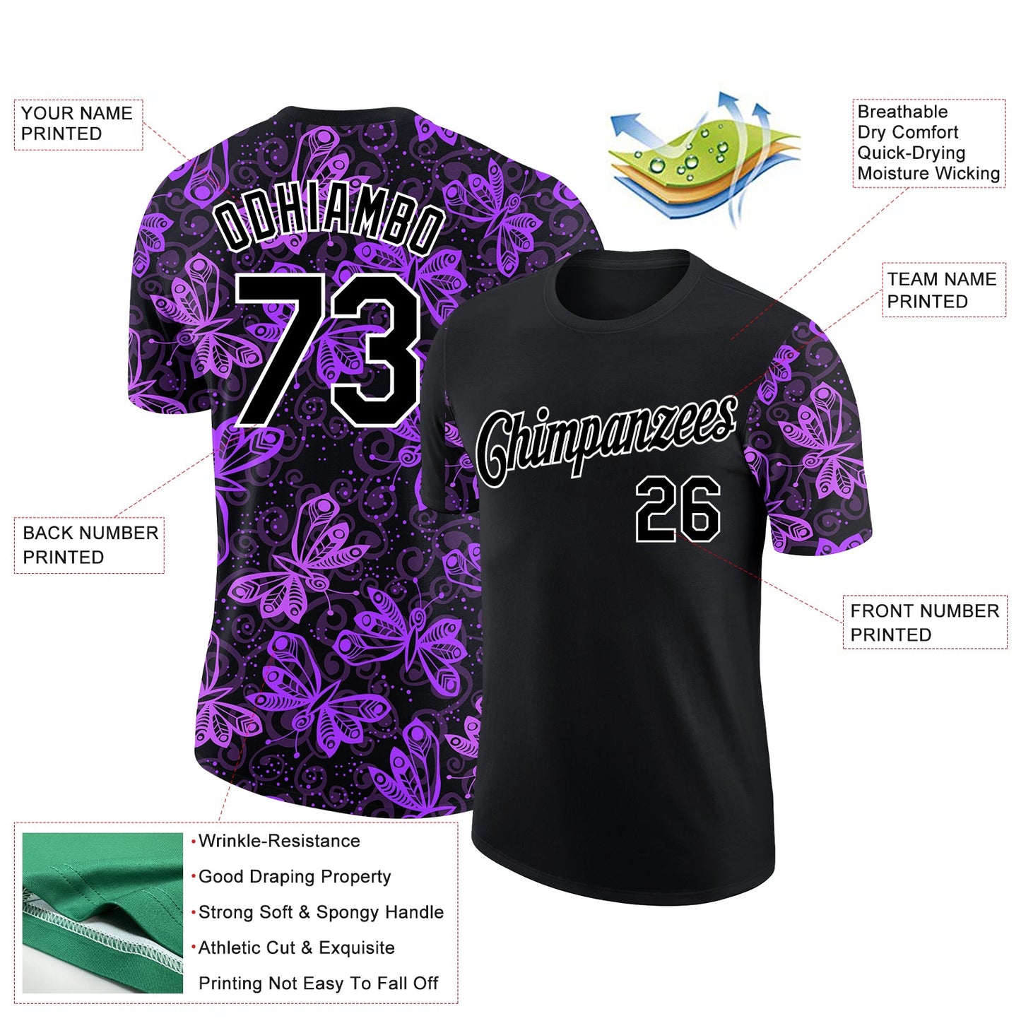 Custom Black White 3D Pattern Design Butterfly Performance T-Shirt view 2