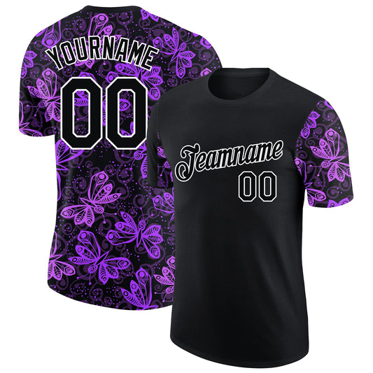 Custom Black White 3D Pattern Design Butterfly Performance T-Shirt - Main View