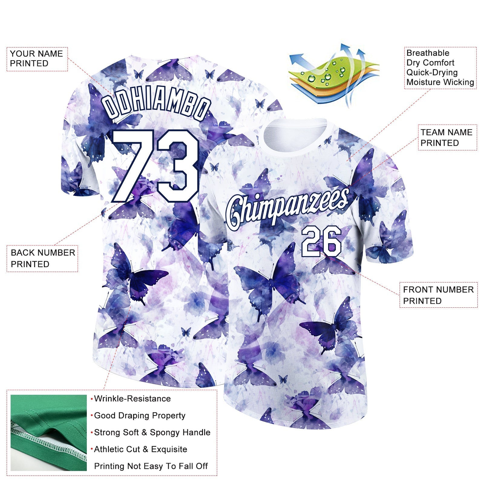Custom White Navy 3D Pattern Design Butterfly Performance T-Shirt view 2
