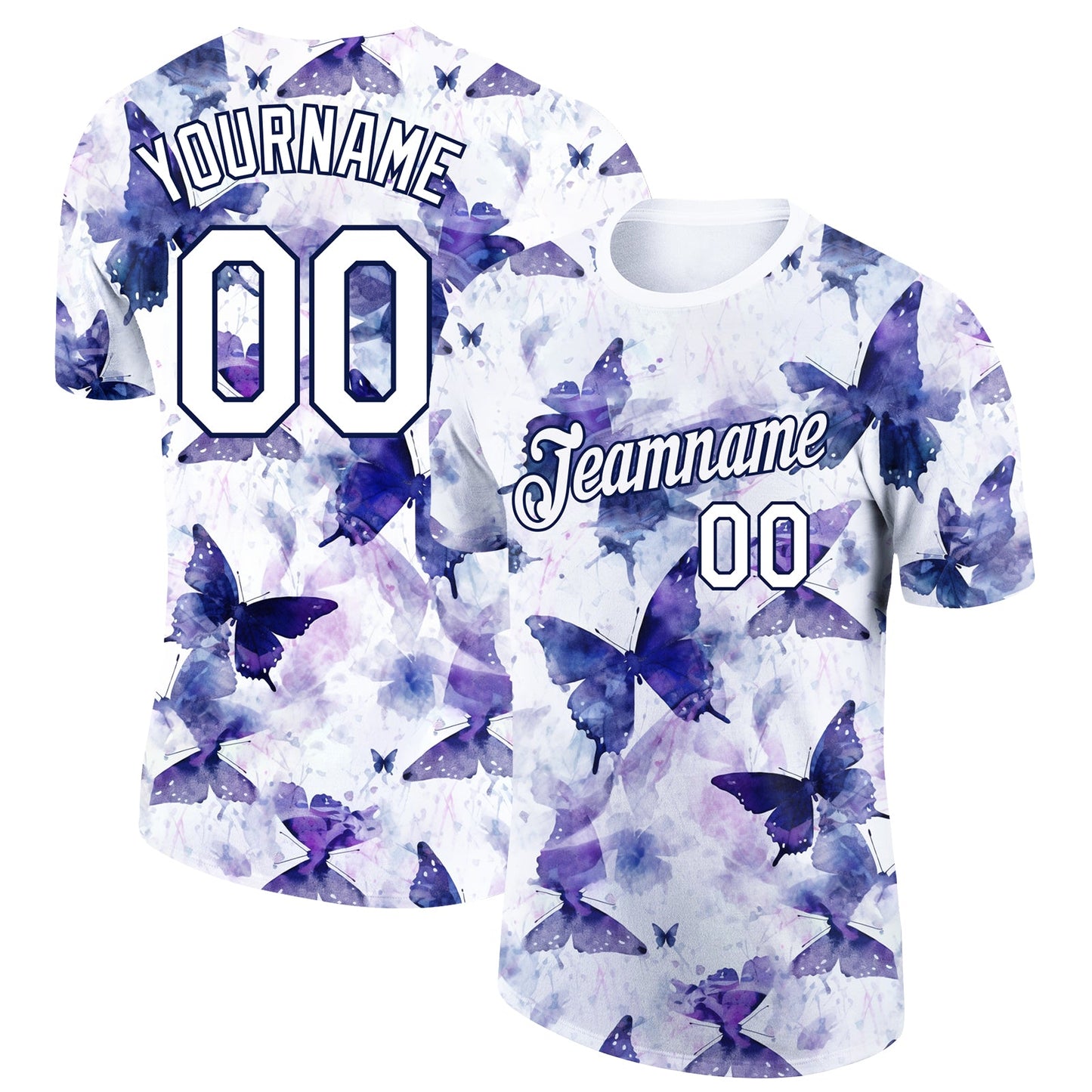 Custom White Navy 3D Pattern Design Butterfly Performance T-Shirt - Main View
