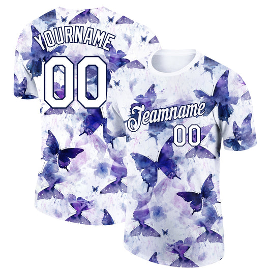 Custom White Navy 3D Pattern Design Butterfly Performance T-Shirt - Main View